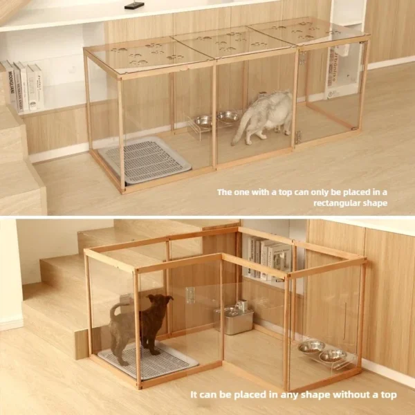 Solid Wooden Dog Pen with Roof Small Pet Dog Transparent Acrylic Fence Cage Covered Isolation Rabbit Cage - Image 3