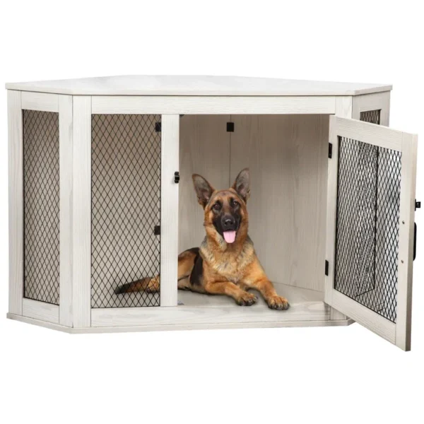 Corner Side Table with Dog Crate Wooden Kennel House with Mesh For Large/Medium/Small Indoor Use