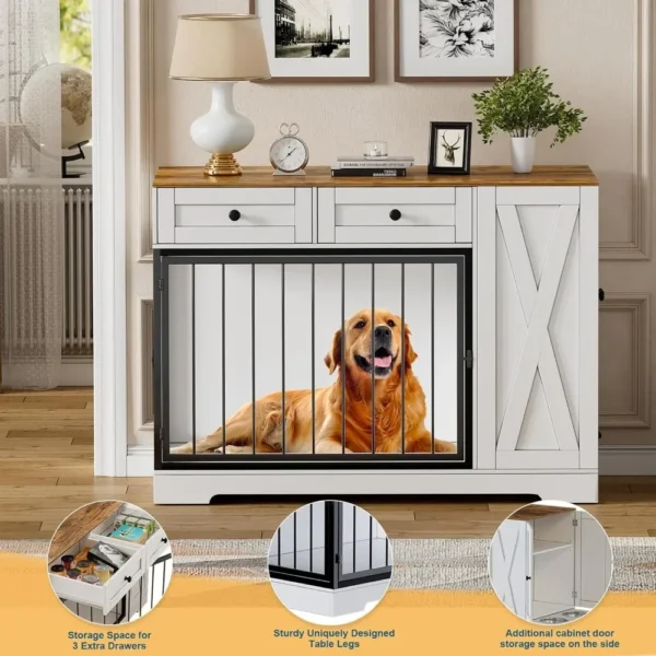 Dog Crate Furniture Kennel with Double Doors, Wooden Pet House with 2 Drawers and Pet Feeder Station Storage Cabinet - Image 3