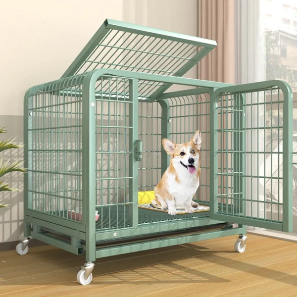 Square Tube Dog Crate Puppy House Indoor Cages With Toilet,Bottom Tray,Double Door,Universal Wheel,Bold And Thick Pets Iron Cage