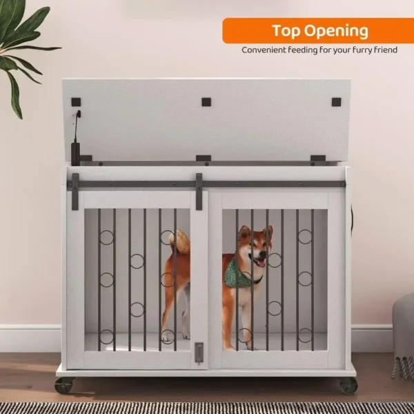 Dog Crate, End Table with Wheels and Flip Top Plate Dog House with Detachable Divider and Sliding Barn Door, Dog Crate - Image 4