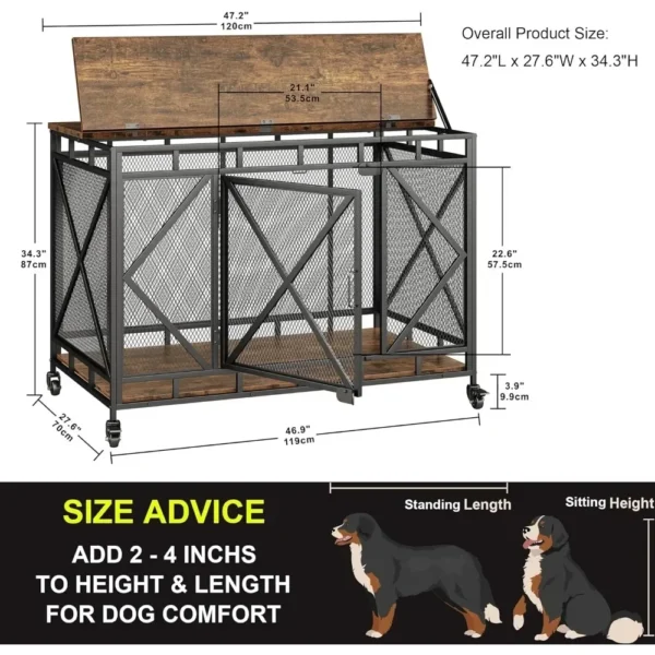 Dog Crate Furniture, 48 Inch Crate for Large Medium Dogs, Wooden Kennel Indoor End Table, Cage with Wheels, Heavy Duty Dog Crate - Image 5