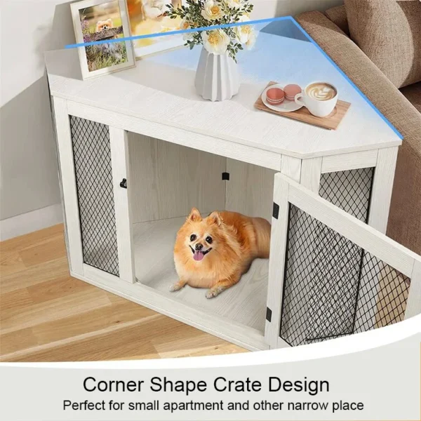 Corner Side Table with Dog Crate Wooden Kennel House with Mesh For Large/Medium/Small Indoor Use - Image 3