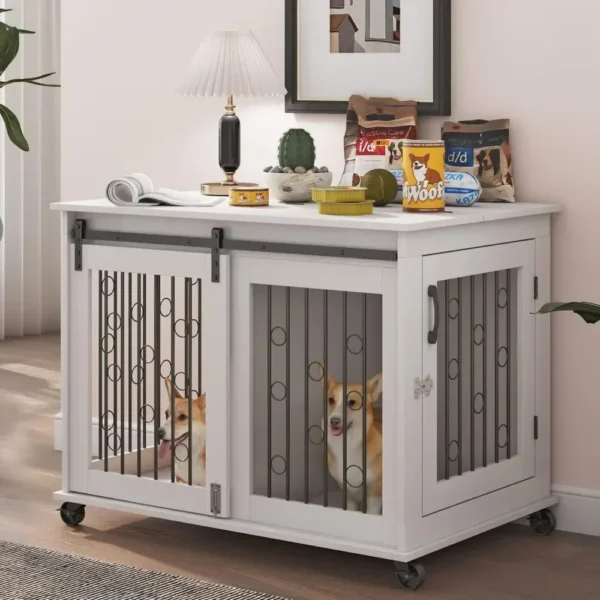 Dog Crate, End Table with Wheels and Flip Top Plate Dog House with Detachable Divider and Sliding Barn Door, Dog Crate