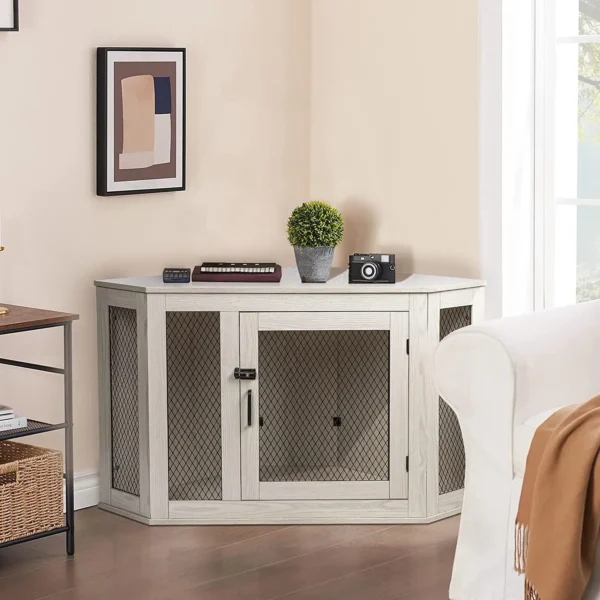 Corner Side Table with Dog Crate Wooden Kennel House with Mesh For Large/Medium/Small Indoor Use - Image 2