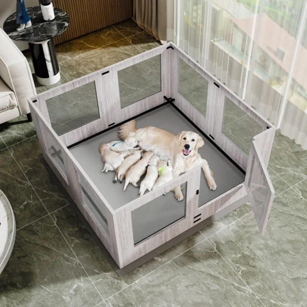 Tempered Glass Dog Puppies Playpen, Indoor Pet Whelping Pen Box Cage, Exercise Fence, with Waterproof Fertility Pad, 8 Panels - Image 2