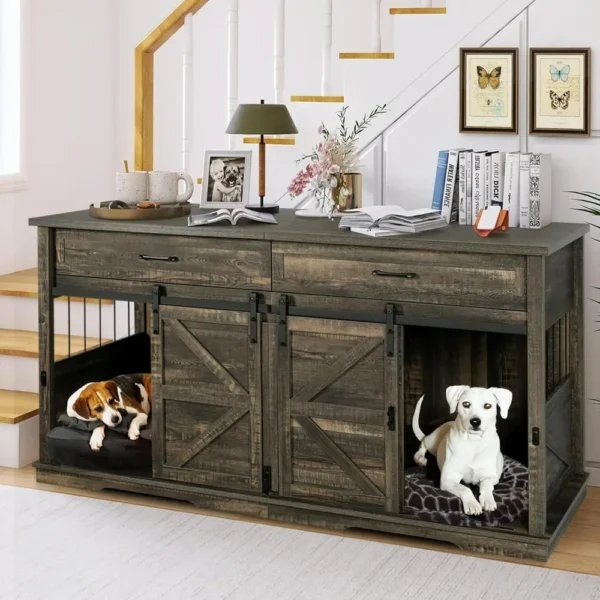 Dog Crate, Double Pet Crate for Large Dog with Divider, Wood Kennel Indoor Cages Kennel Furniture with 2 Drawers, Dog Crate - Image 3