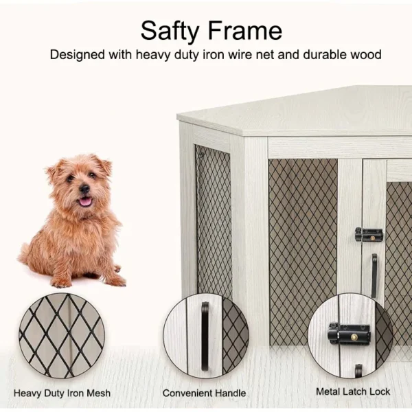 Corner Side Table with Dog Crate Wooden Kennel House with Mesh For Large/Medium/Small Indoor Use - Image 4