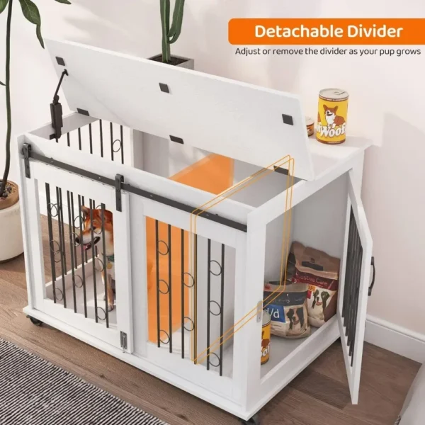 Dog Crate, End Table with Wheels and Flip Top Plate Dog House with Detachable Divider and Sliding Barn Door, Dog Crate - Image 3