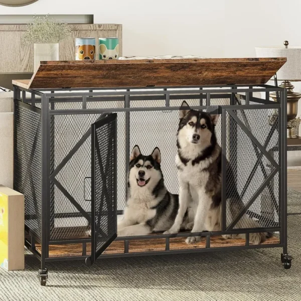 Dog Crate Furniture, 48 Inch Crate for Large Medium Dogs, Wooden Kennel Indoor End Table, Cage with Wheels, Heavy Duty Dog Crate