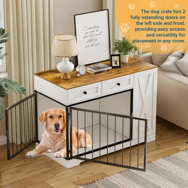 Dog Crate Furniture Kennel with Double Doors, Wooden Pet House with 2 Drawers and Pet Feeder Station Storage Cabinet - Image 4