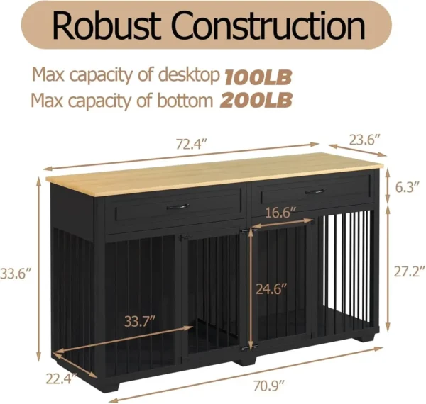 US 64.6 in. Large Dog Pens, Indoor Wooden Dog Crate Kennel with 2-Drawers and Divider for Medium or 2 Small Dogs, White - Image 4