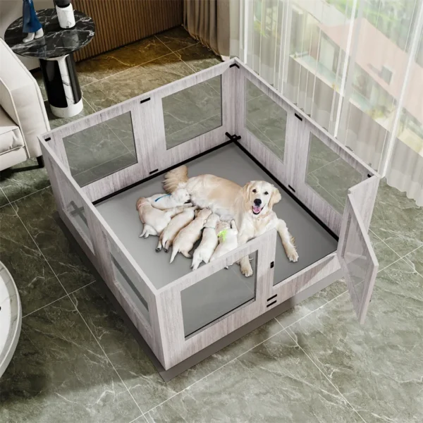 For Tempered Glass Pet Whelping Box with Waterproof Fertility Pad Dog Playpen Exercise Cage for Puppies