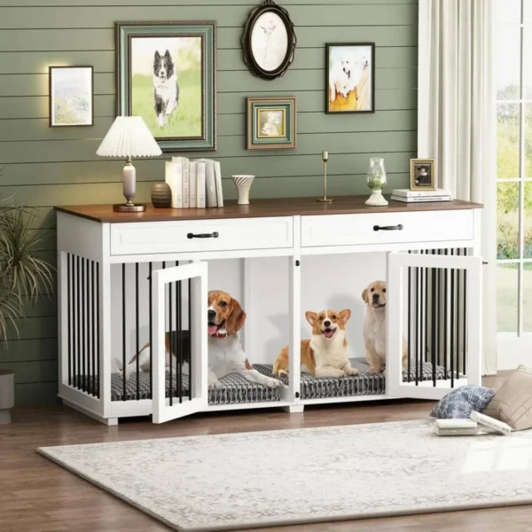 US 64.6 in. Large Dog Pens, Indoor Wooden Dog Crate Kennel with 2-Drawers and Divider for Medium or 2 Small Dogs, White - Image 2