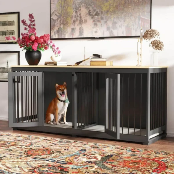 US 64.6 in. Large Dog Pens, Indoor Wooden Dog Crate Kennel with 2-Drawers and Divider for Medium or 2 Small Dogs, White - Image 6