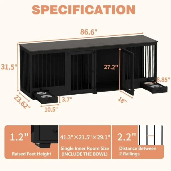 Large Dog Crate, 86.6" Heavy Duty Wooden Dogs Kennel with Dogs Bowl Drawers - Image 2